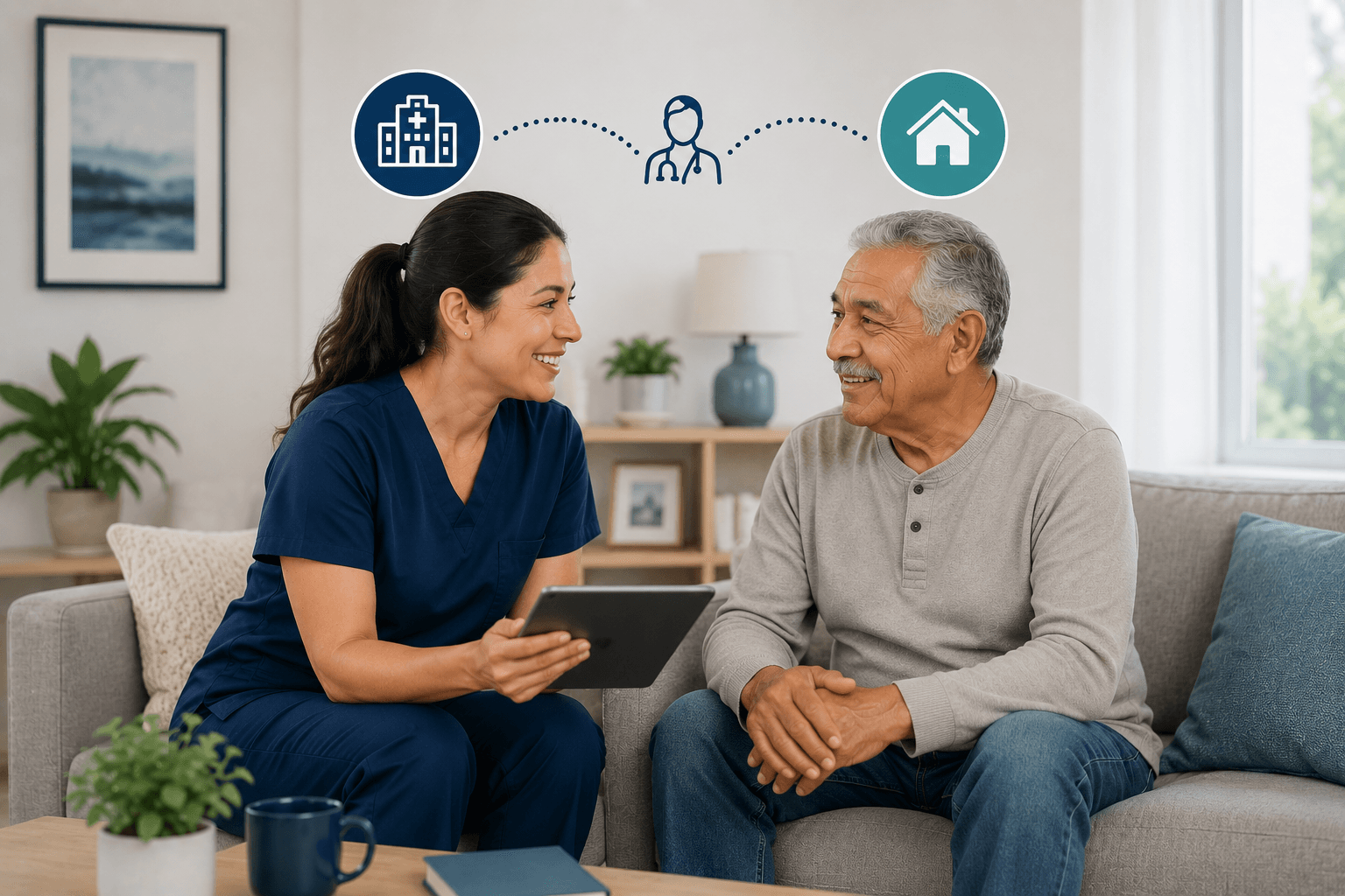 Home health clinician using a tablet while speaking with a patient at home