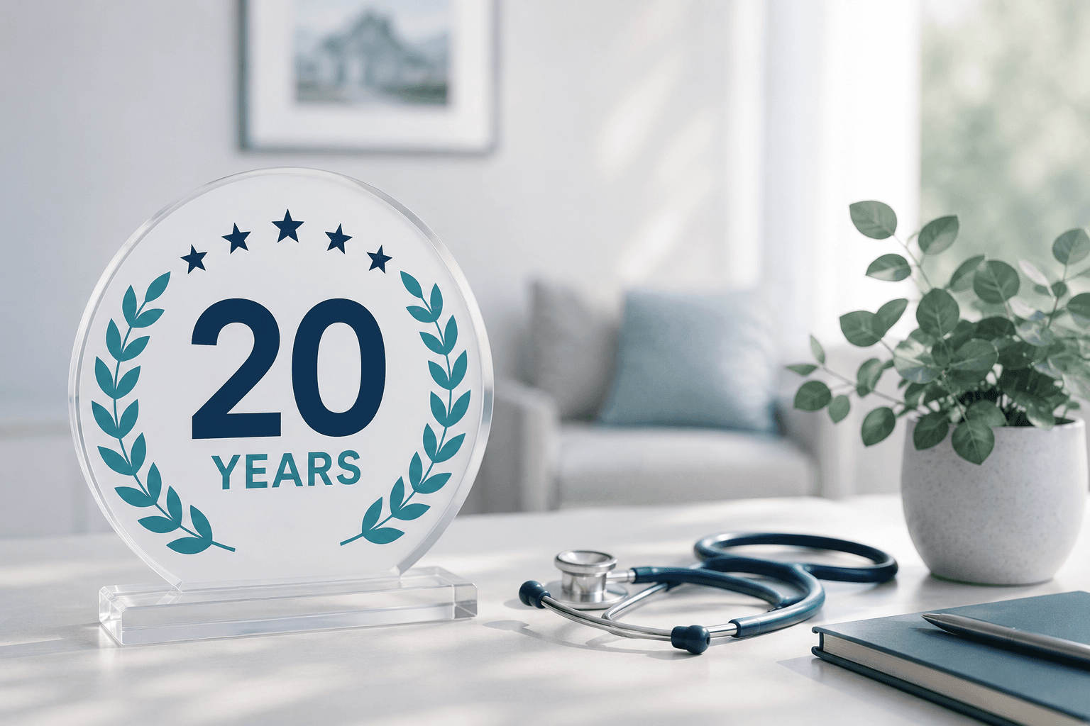 Twenty years recognition award beside a stethoscope in a bright healthcare office