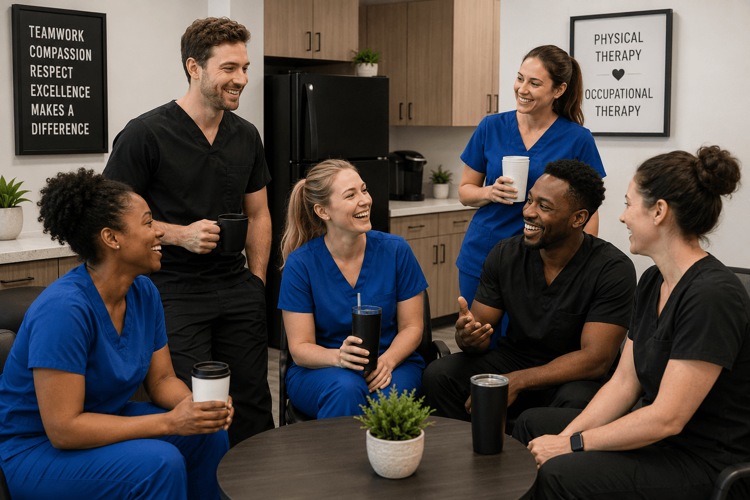 Allied therapy clinicians gathered together in a clinic break room