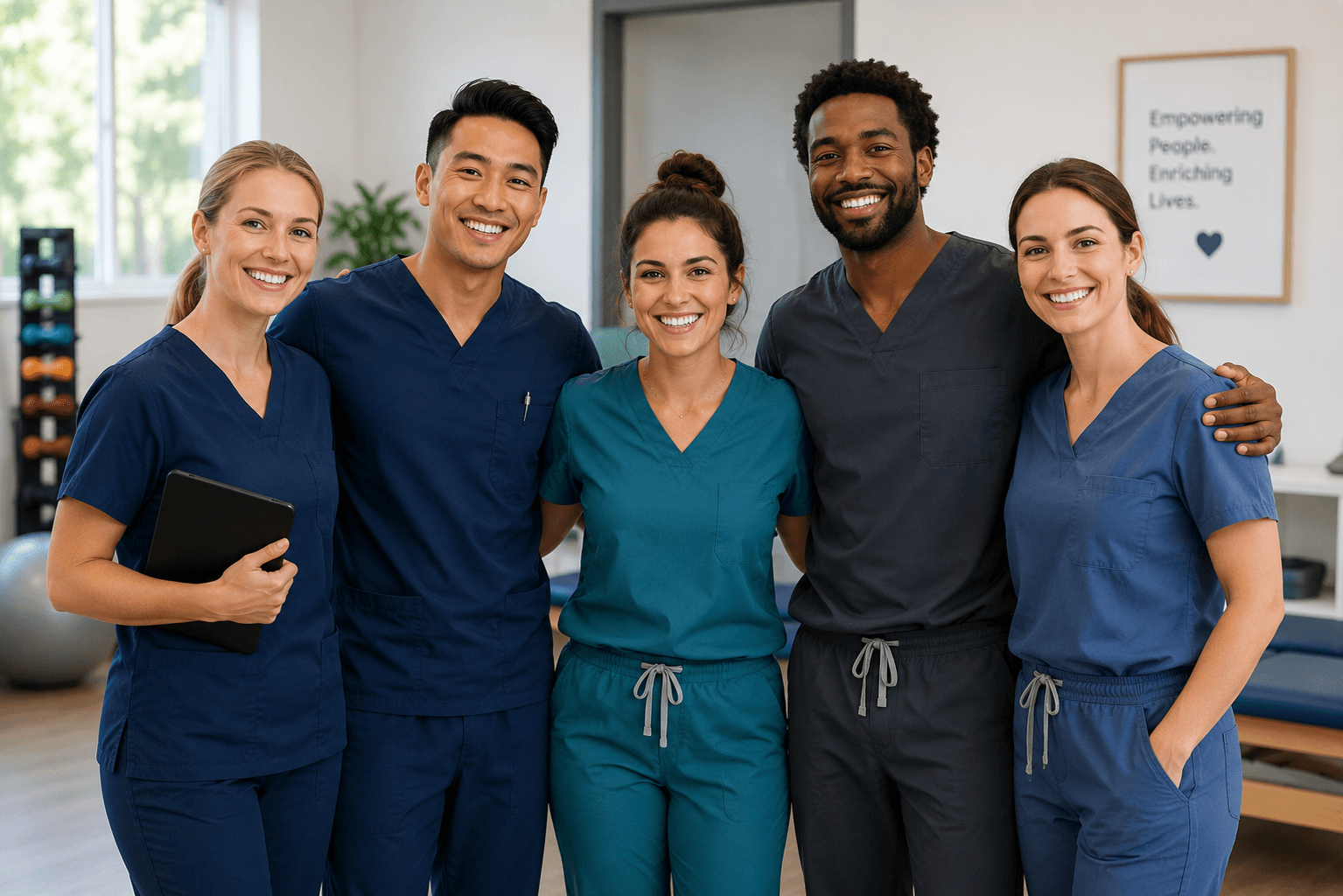 Group of smiling Allied therapy clinicians standing together
