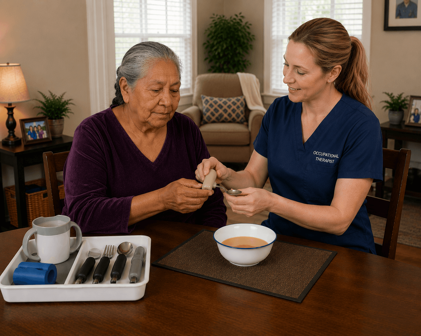 Occupational therapist helping a patient use adaptive equipment during a meal