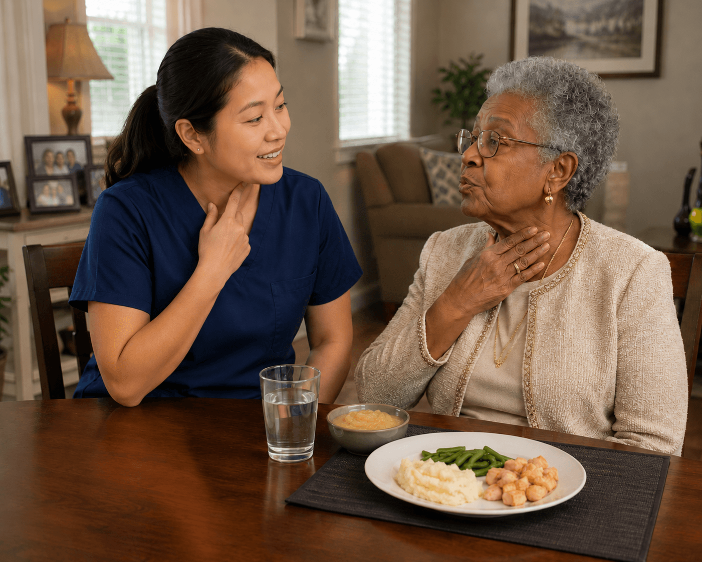 Speech-language pathologist guiding a patient through swallowing therapy at home